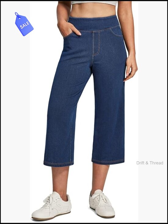 Denim - High Waisted Pull On Capri Jeans with Pockets Wide Leg